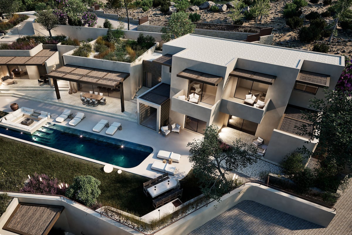 A modern multi-story house with a swimming pool, outdoor seating, and a landscaped garden.