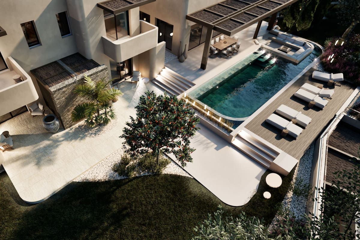 A modern resort with a swimming pool, outdoor seating, and a landscaped garden.