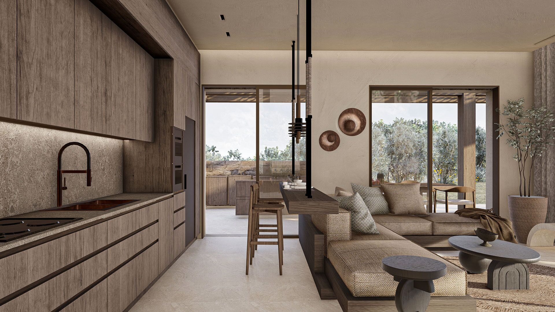 Un interior moderno con cocina, comedor y sala de estar, que presenta armarios de madera, un ventanal y vistas al exterior.