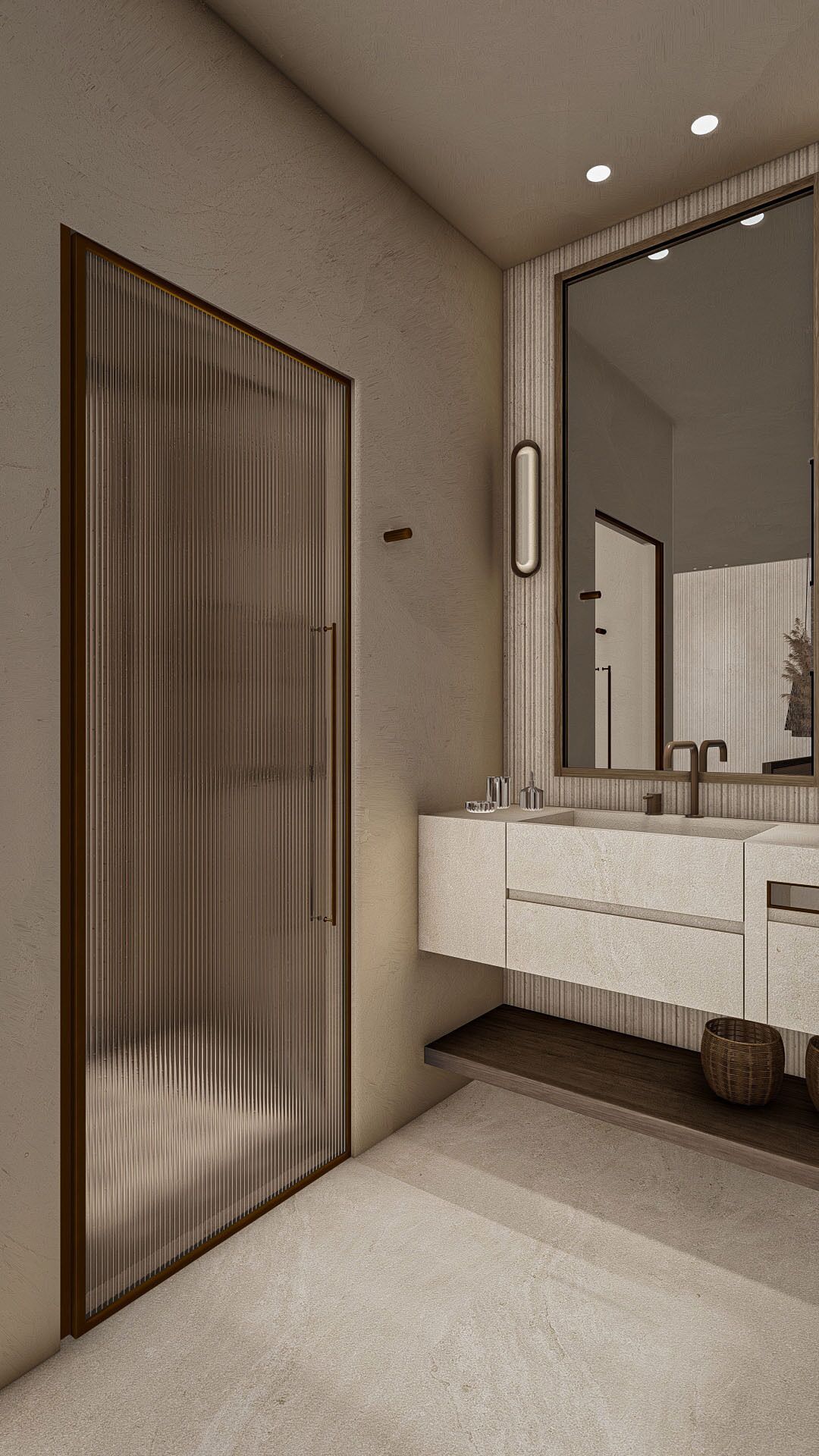 A modern bathroom with a large mirror, a wooden door, and a white vanity.