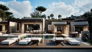 A modern outdoor pool area with lounge chairs, a dining area, and a covered patio. - Serendi Villas (Sant Antoni de Portmany)