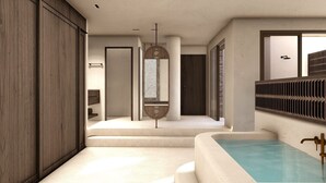 A modern bathroom with a bathtub, a large mirror, and wooden paneling.
