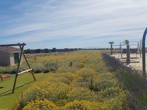 A garden with a swing set, a stone wall, and a view of the sea.