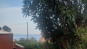 A view of a residential area with a house, a tree, and a distant body of water. - Apartment Cala Azzurra - with large garden and a stone's throw from the sea (Cavo)