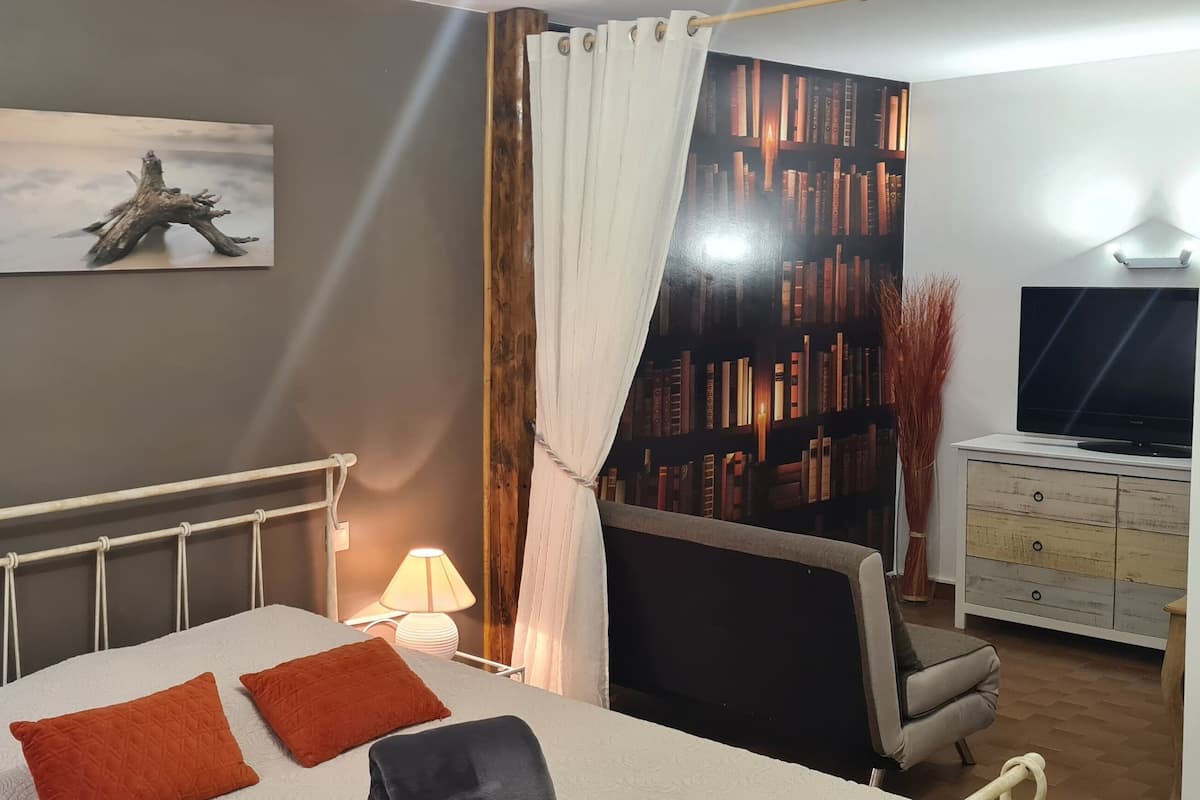 Ein Schlafzimmer mit einem Bett, einer Nachttischlampe, einem Bücherregal und einem Fernseher.