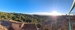 Blick auf ein Dorf mit terrakottafarbenen Dächern und einem üppig grünen Hügelhang.