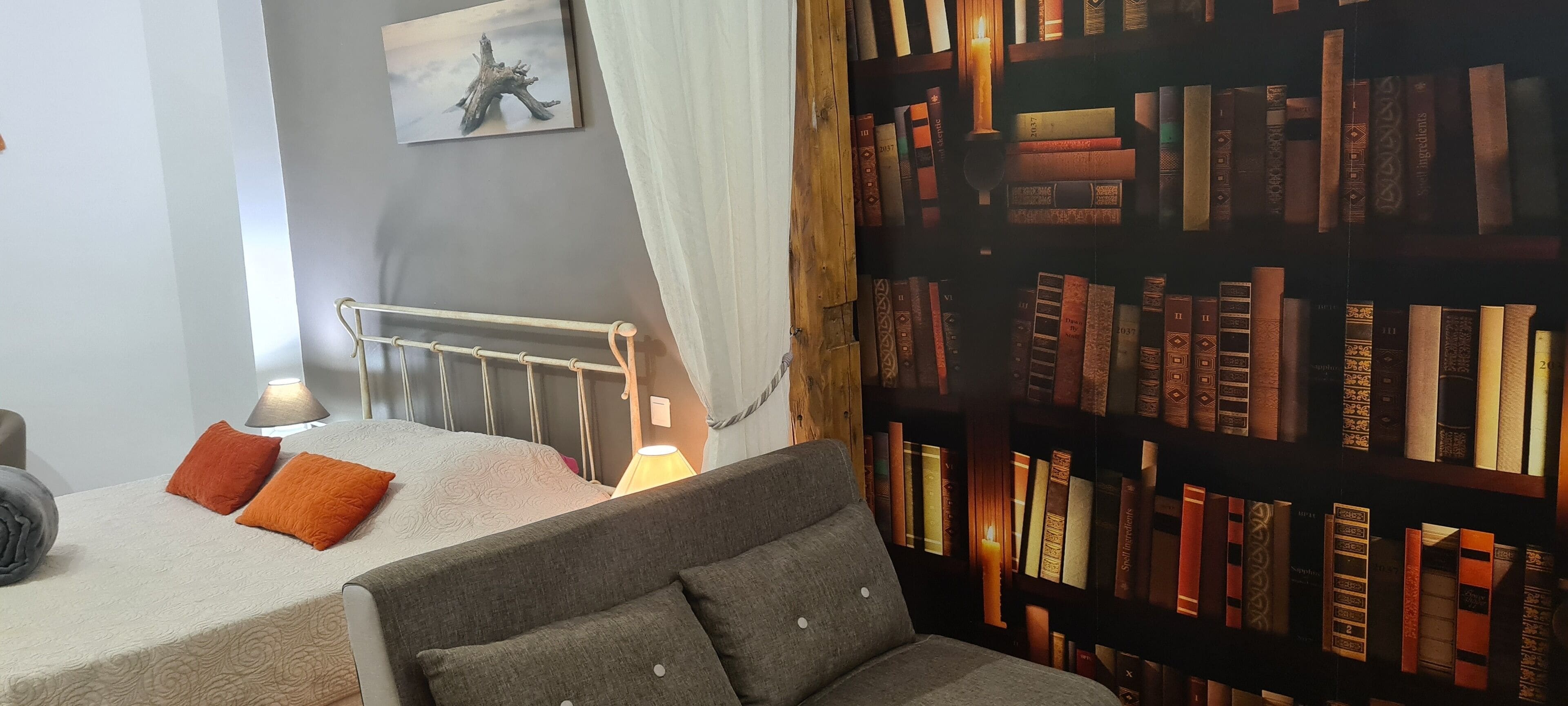 Un dormitorio con una cama, un sofá gris, una estantería y un radiador.