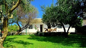 A white building with a patio area, surrounded by trees and a well-maintained lawn. - Coastal Breeze House (Selca)