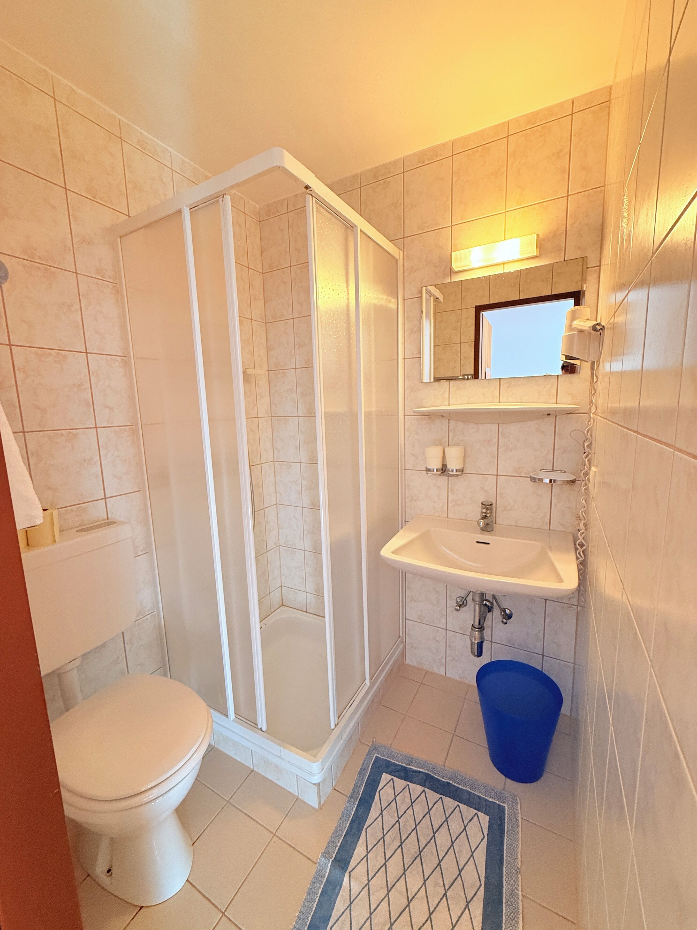A bathroom with a toilet, a shower enclosure, a sink, and a blue bucket.