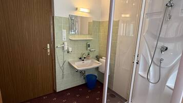 Une salle de bain avec une douche, un lavabo et un miroir.