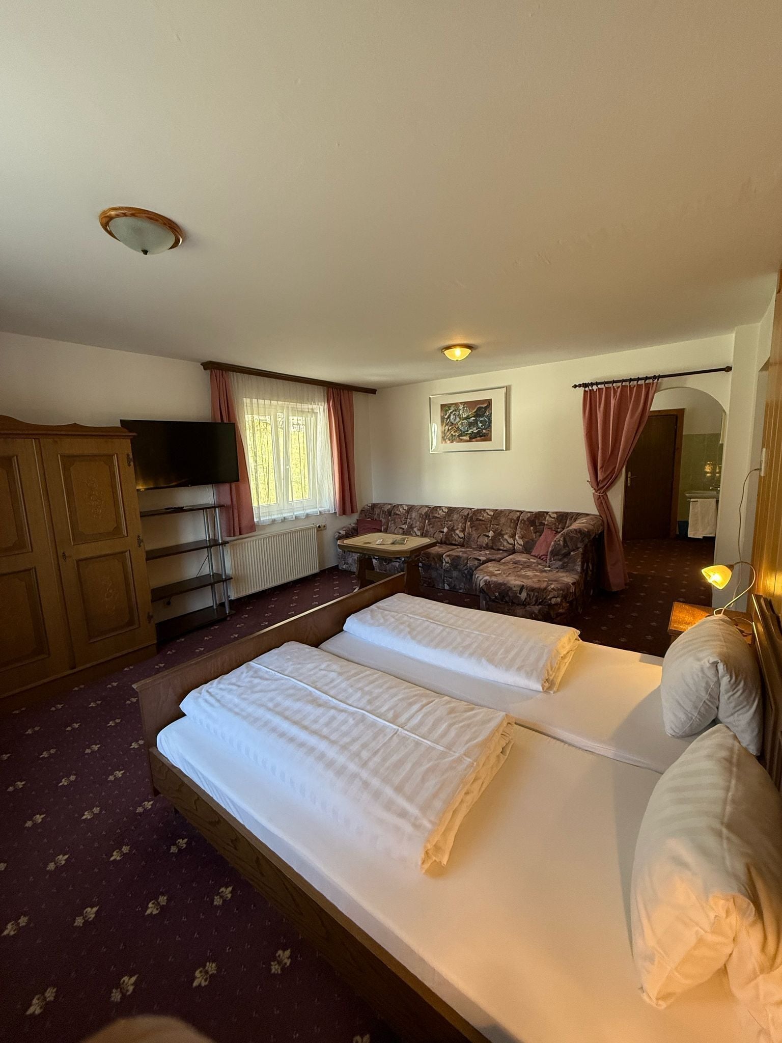 A hotel room with a bed, a sofa, a TV, and a radiator.