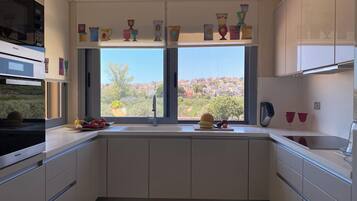 A modern kitchen with a large window, white cabinets, and a view of a residential area.