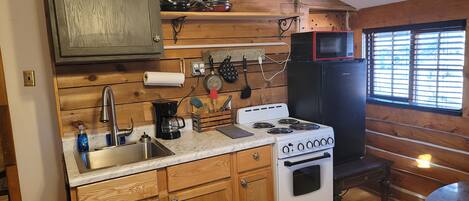 A compact kitchen with wooden walls, a stove, a sink, and a microwave.