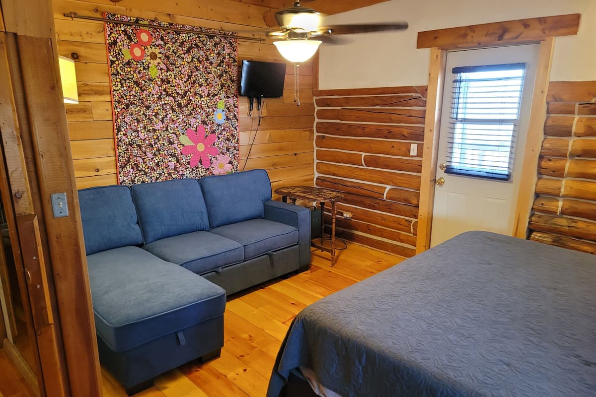 A cozy room with a blue sofa, a bed, a wooden wall, a ceiling fan, and a TV mounted on the wall.