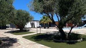 A landscaped outdoor area with stone pathways, green artificial turf, and trees. - Gabrijela House (Pirovac)