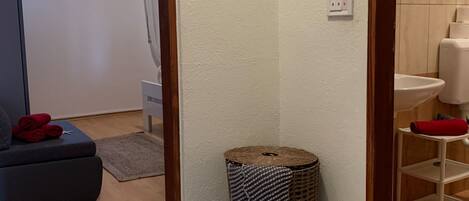 Een kamer met een grijze bank, een klein rieten mandje, een witte stopcontact en een badkamer met een witte wastafel en toilet.