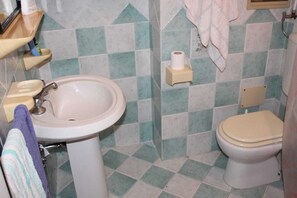 Een douche, een haardroger, een bidet, handdoeken