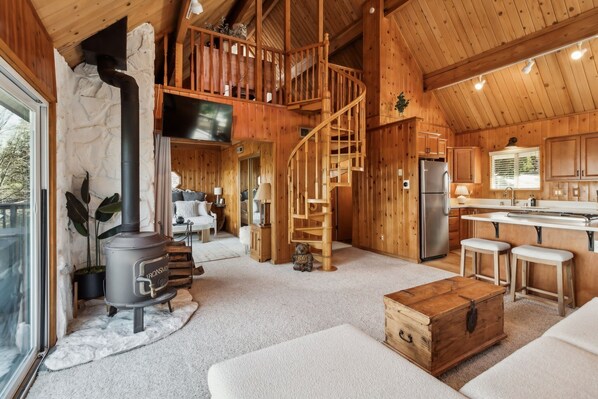 Una Smart TV, una chimenea, libros