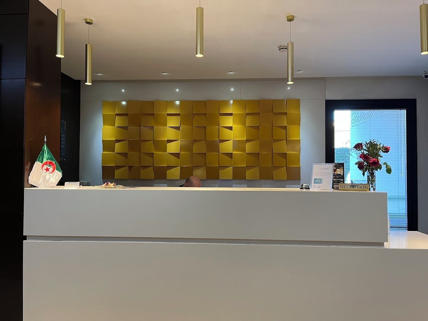 Ett välkomnande område med modern design, med en vägg som har ett geometriskt mönster, en receptionsdisk och en flagga.