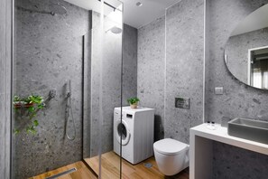 Shower, hair dryer, towels