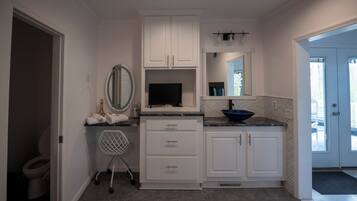 Jetted bath, hair dryer, towels, soap