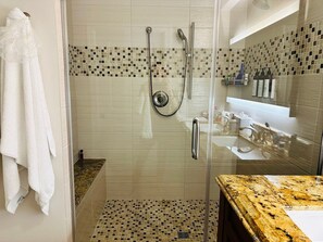 Hair dryer, towels, soap, shampoo