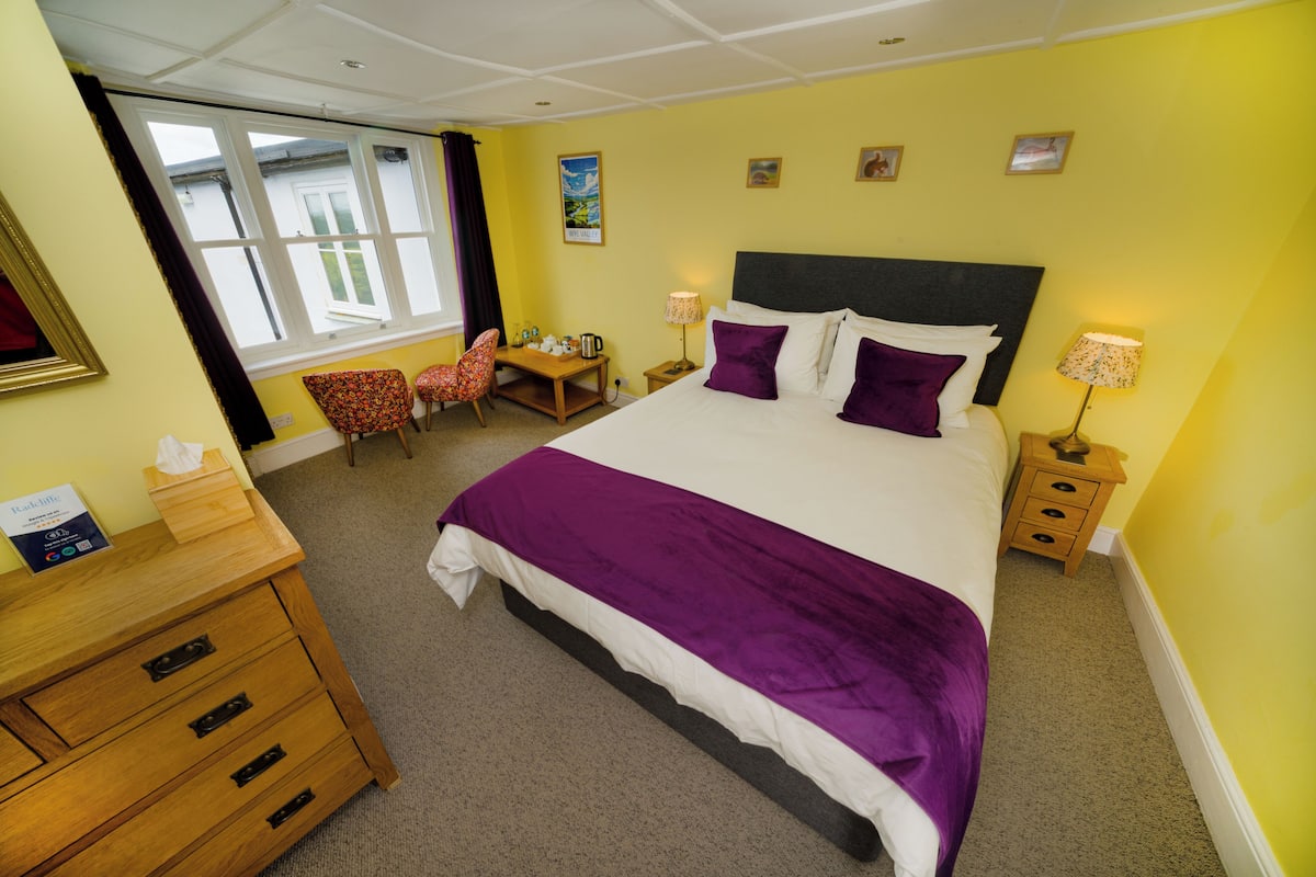 A hotel room with a bed, a desk, a chair, a nightstand, and a window.