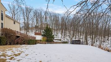 A snow-covered yard with a wooden deck, a small gazebo, and leafless trees.