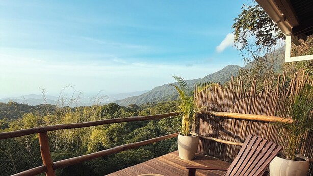 Una terraza de madera con una silla de madera y una mesita redonda, rodeada de vallas de bambú y plantas en macetas.