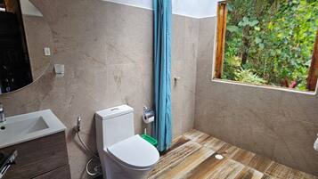 Hair dryer, towels, soap, shampoo