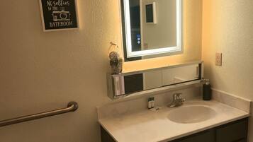 Hair dryer, towels, soap, toilet paper