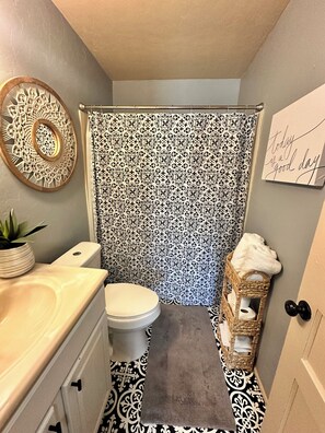Hair dryer, towels, soap, shampoo