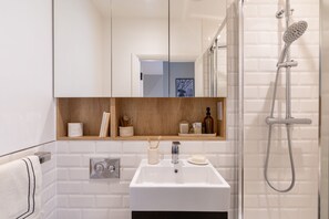 Shower, hair dryer, towels
