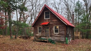 A rustic cabin with a red roof, a wooden porch, and a picnic table. - Hawkins Hideout  Cabin, Starlink Wi-Fi, Hot Tub! (Reed City)