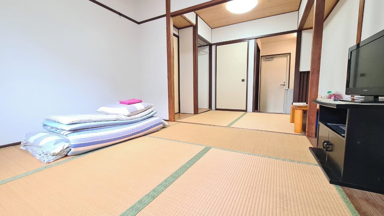 A traditional Japanese room with tatami flooring, a television, and a stack of pillows.