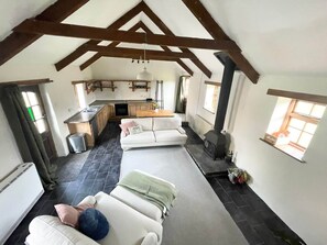 Smart TV, fireplace, books