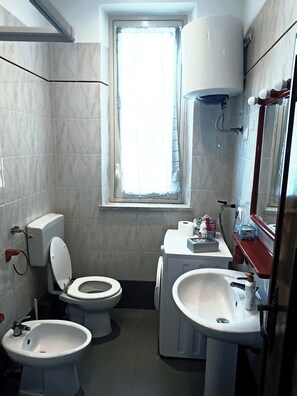 Een douche,  milieuvriendelijk toiletgerief, een haardroger, een bidet