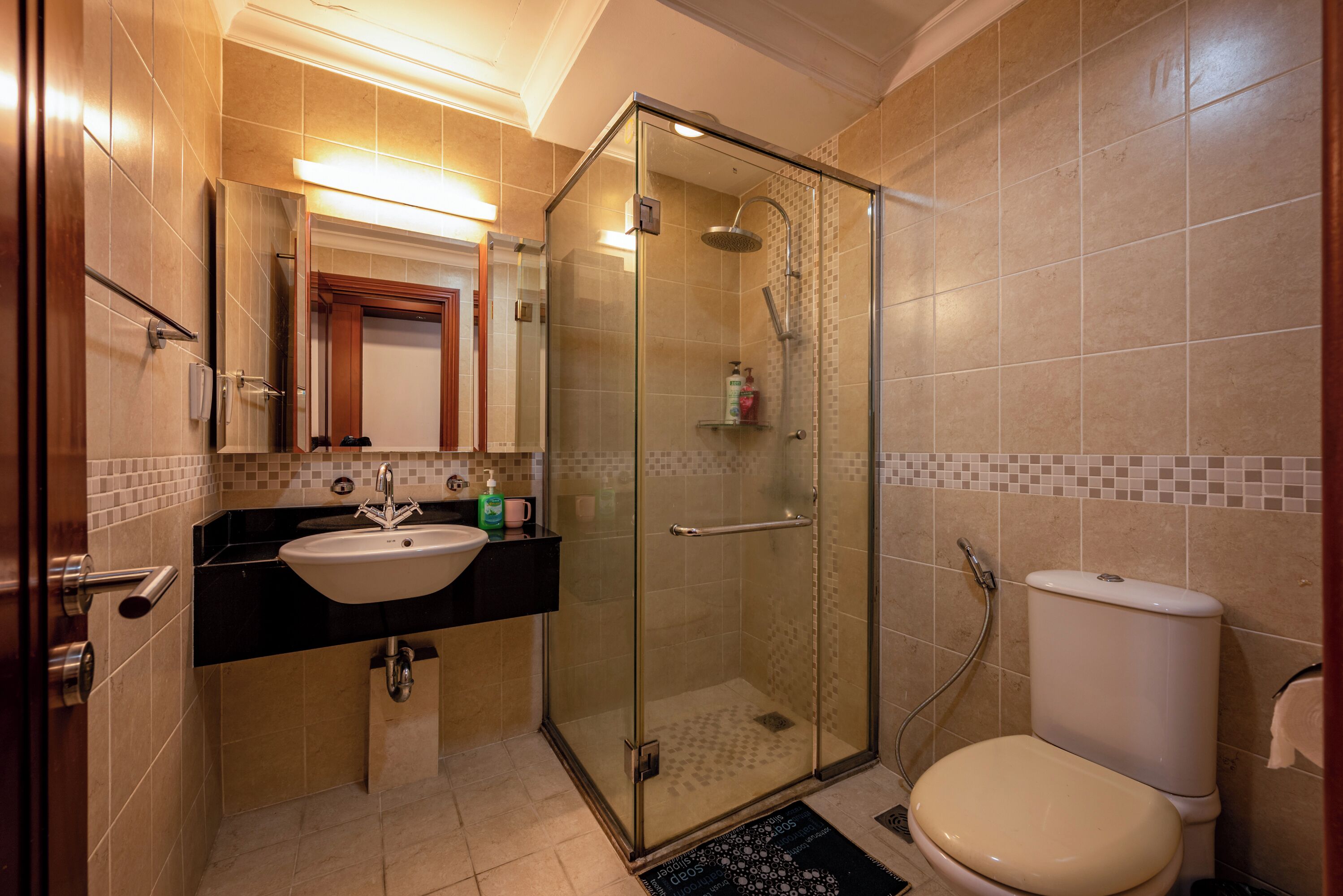 A modern bathroom with a glass-enclosed shower, a sink with a mirror above, and a toilet.