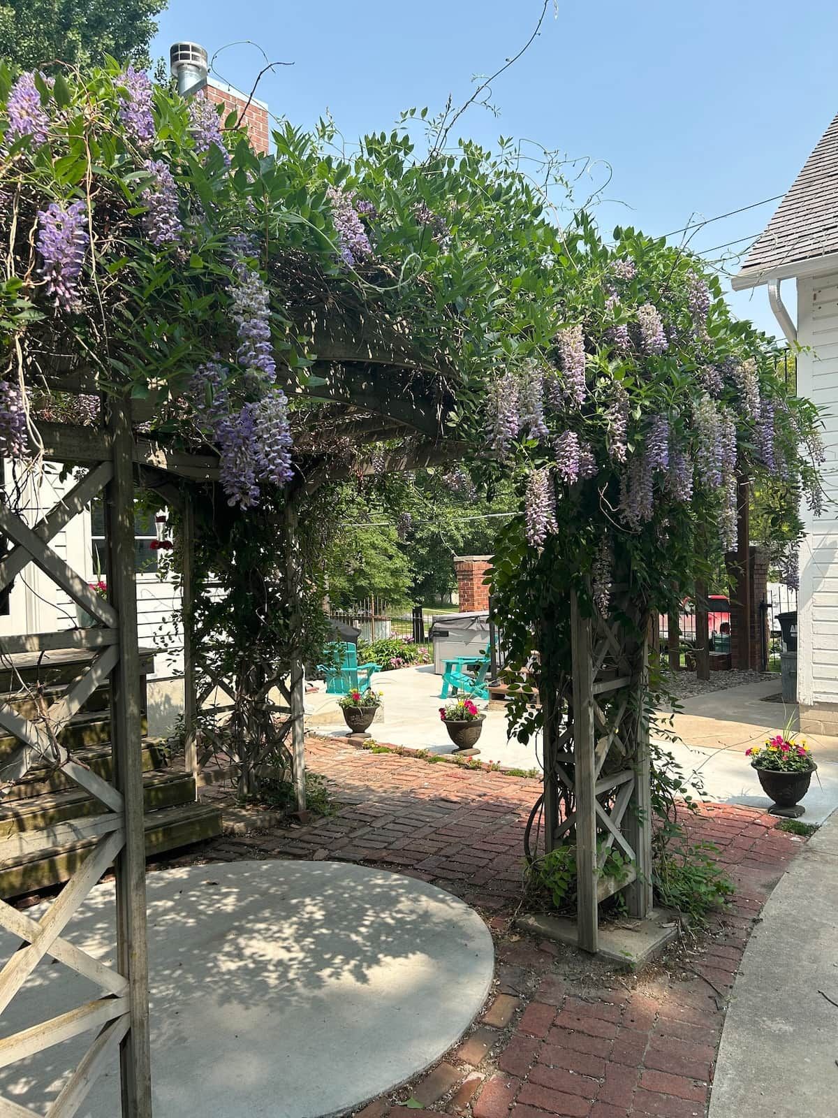 Un jardín con una pérgola de madera cubierta de flores moradas, un camino de ladrillo y mobiliario exterior.