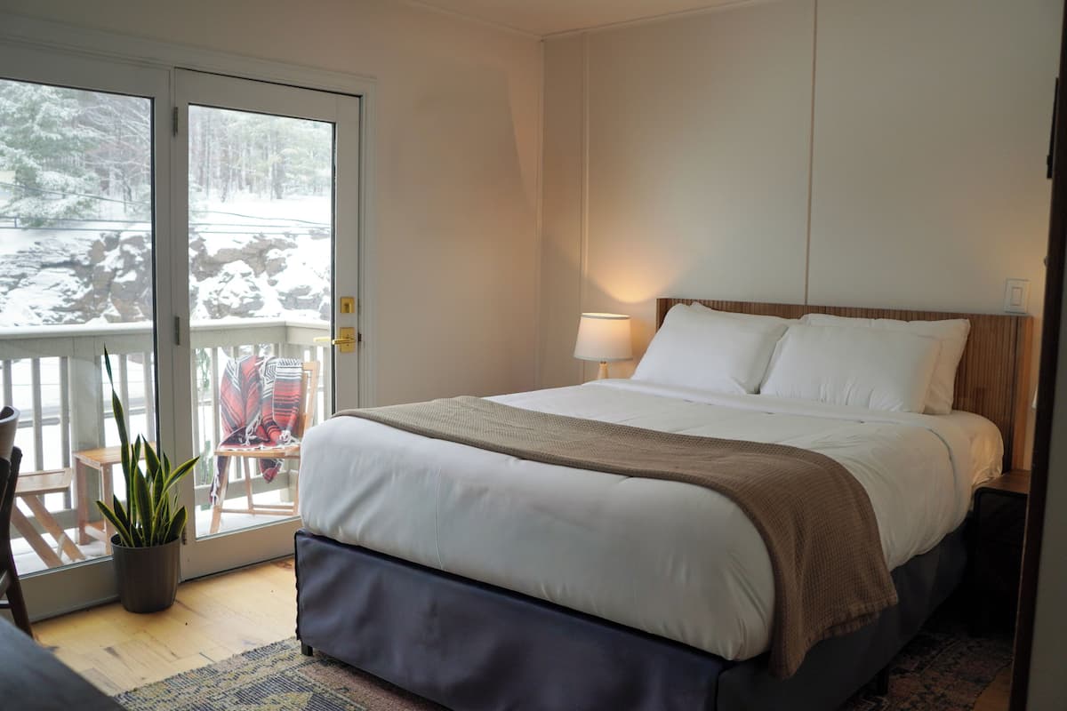 A bedroom with a bed, a potted plant, a chair, and a view of a snowy outdoor area through a glass door.