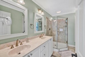 Douche, séchoir à cheveux, serviettes fournies, papier de toilette