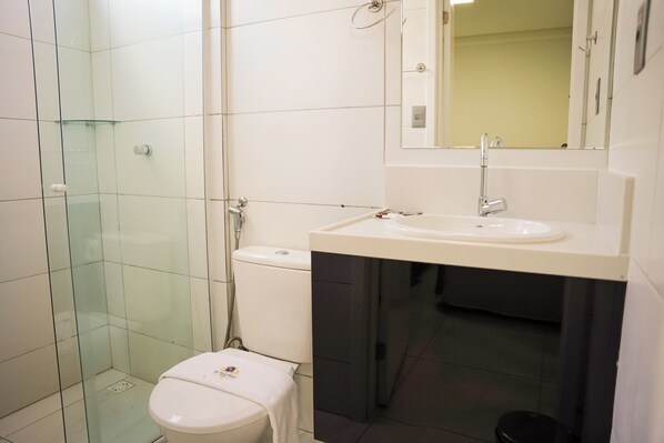 Une salle de bain moderne avec une douche à parois de verre, des toilettes blanches et un meuble-lavabo avec un lavabo et un miroir.