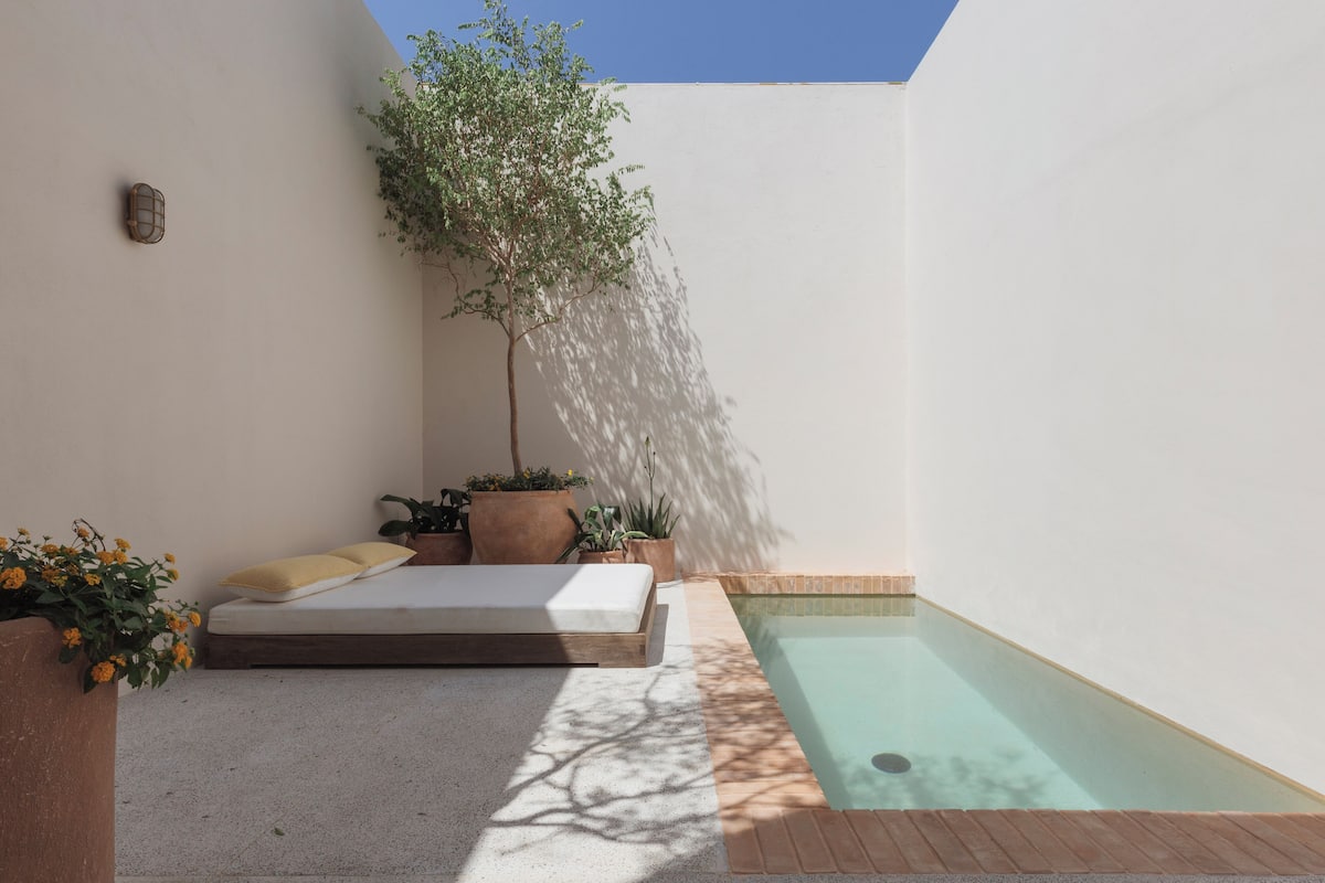A small outdoor area with a pool, a bed, and potted plants.