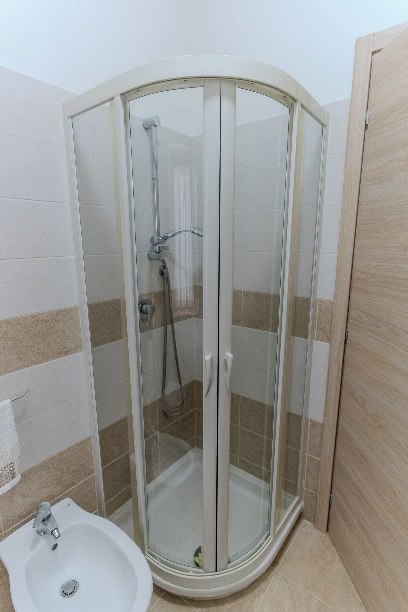A glass-enclosed shower with a handheld showerhead, a sink with a faucet, and a wooden door.