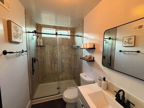 Shower, hair dryer, bidet, towels