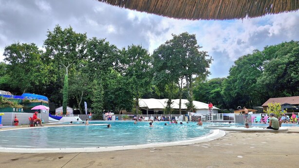 Una piscina pública con techo de paja, rodeada de árboles y zonas a la sombra.