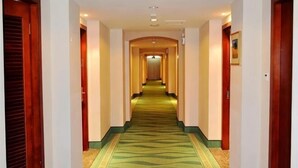 A hotel hallway with a carpeted floor, wooden doors, and a light-colored wall. - GreenTree Inn Shanghai Songjiang Xinqiao Jiuxin Road Express Hotel (Shanghai)