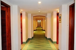 En hotels korridor med tæppe, trædøre og en lys væg.