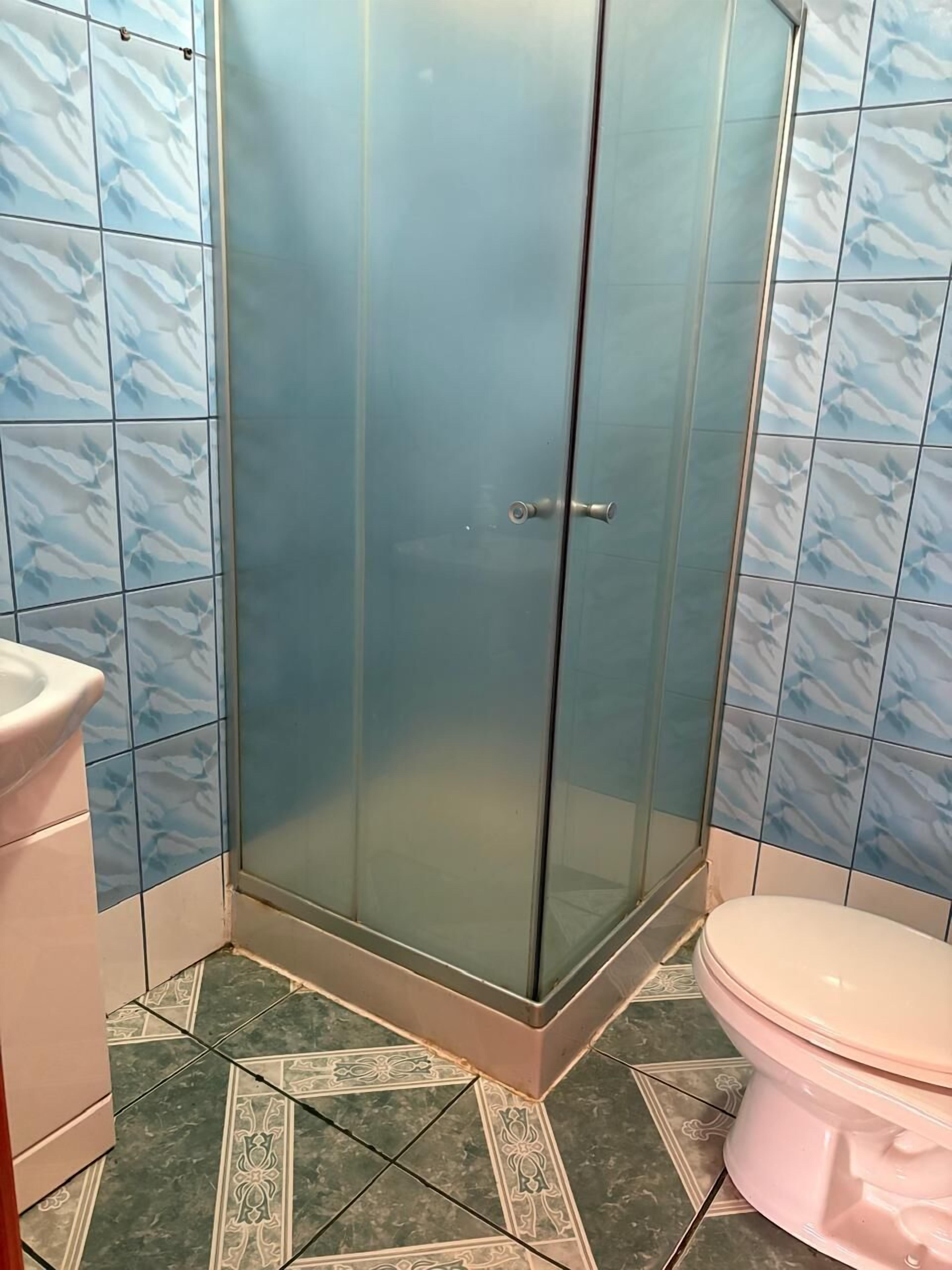 Une salle de bain avec une douche à parois de verre, des toilettes et un lavabo.