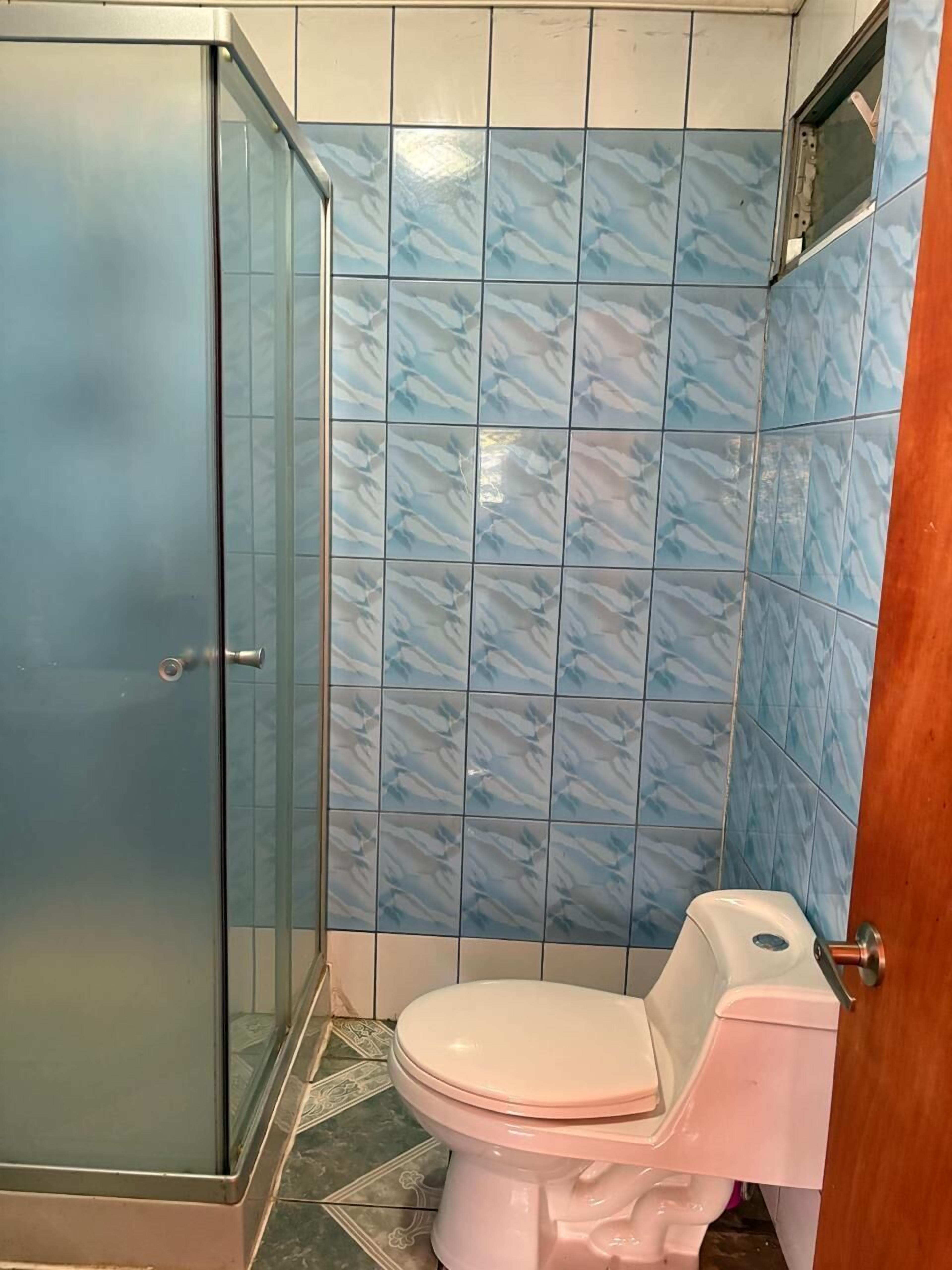 Un baño con cabina de ducha de vidrio, inodoro y azulejos con diseño de mármol azul.